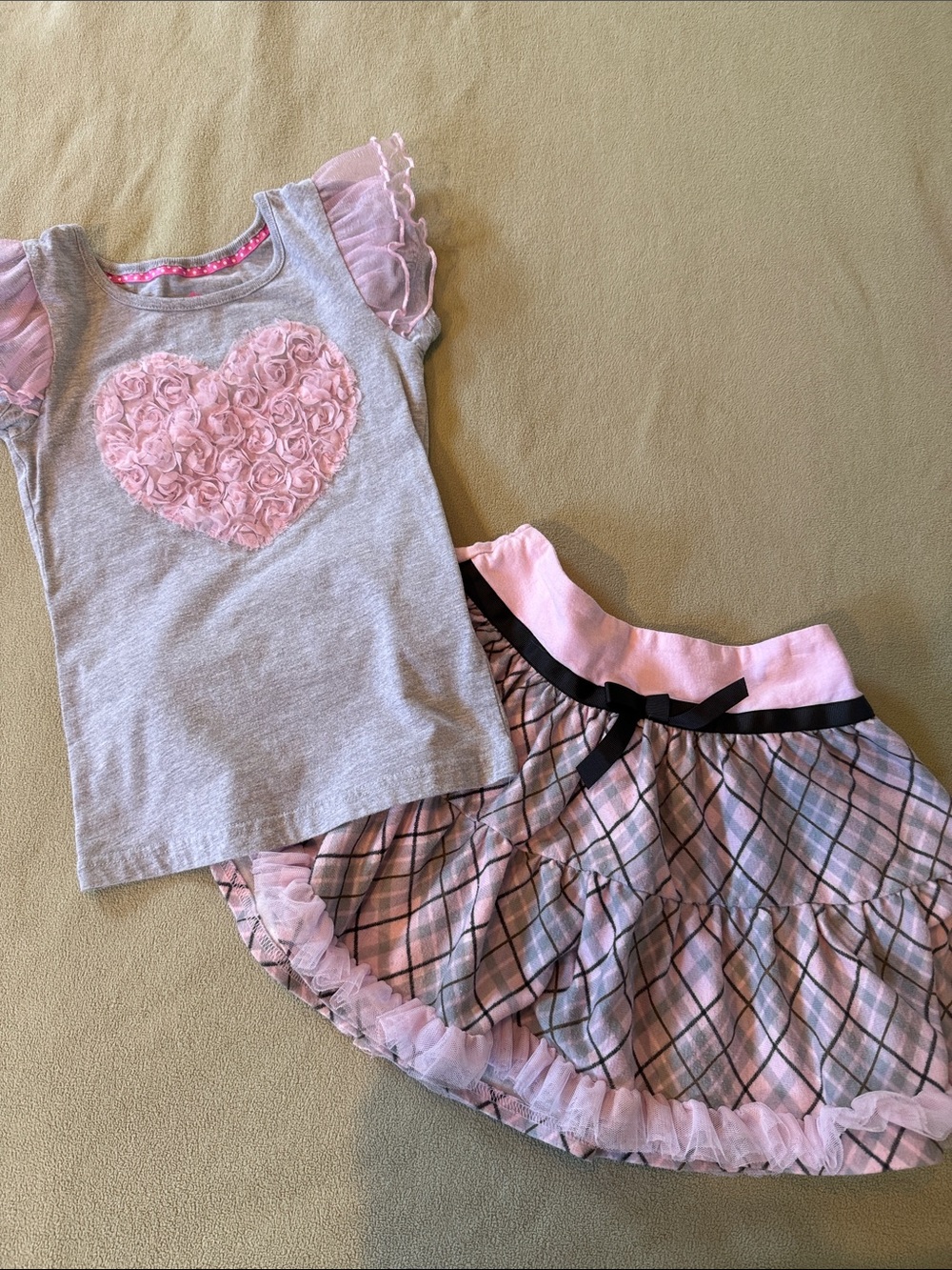 Pink Rosette Heart Tee with Plaid Tulle Skirt Set